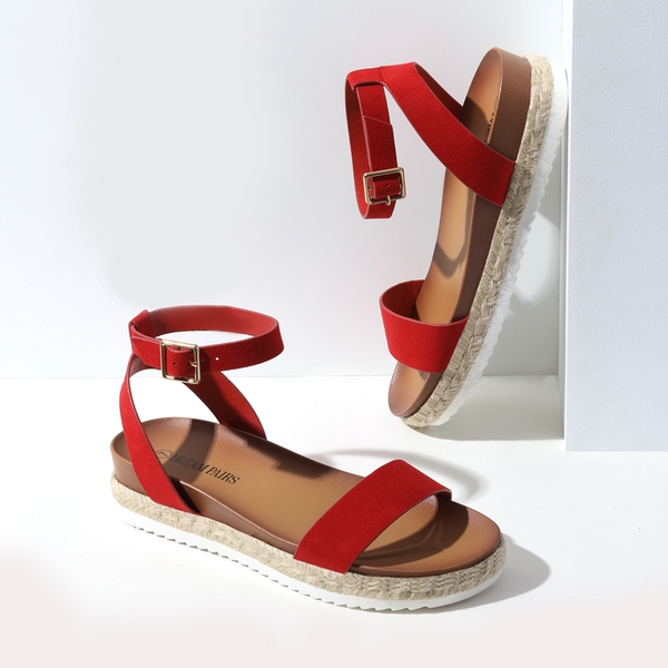 Open Toe Ankle-Strap Espadrille Platform Sandals - RED SUEDE - 3